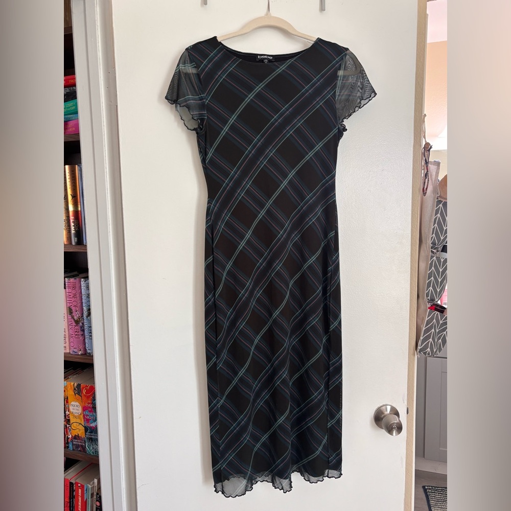 bebe Black Maxi Dress with Teal and Blue Plaid